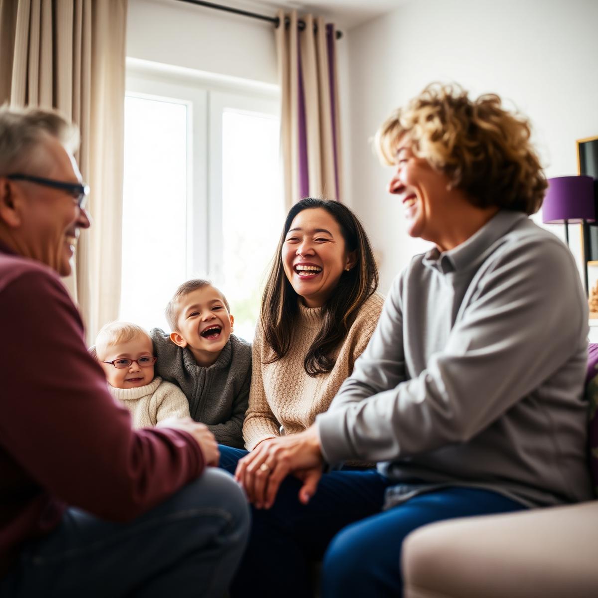 Three generations of a family laughing together in a sunlit living room